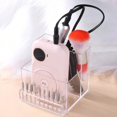 1个美甲打磨机收纳盒，透明美甲工具打磨头支架展示盒，桌面刷笔锉收纳盒
