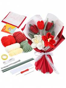 1set Red Tulip Crochet Kit, Diy Flower Crochet Set With Basic Accessories And Instruction Book - Red - View 1