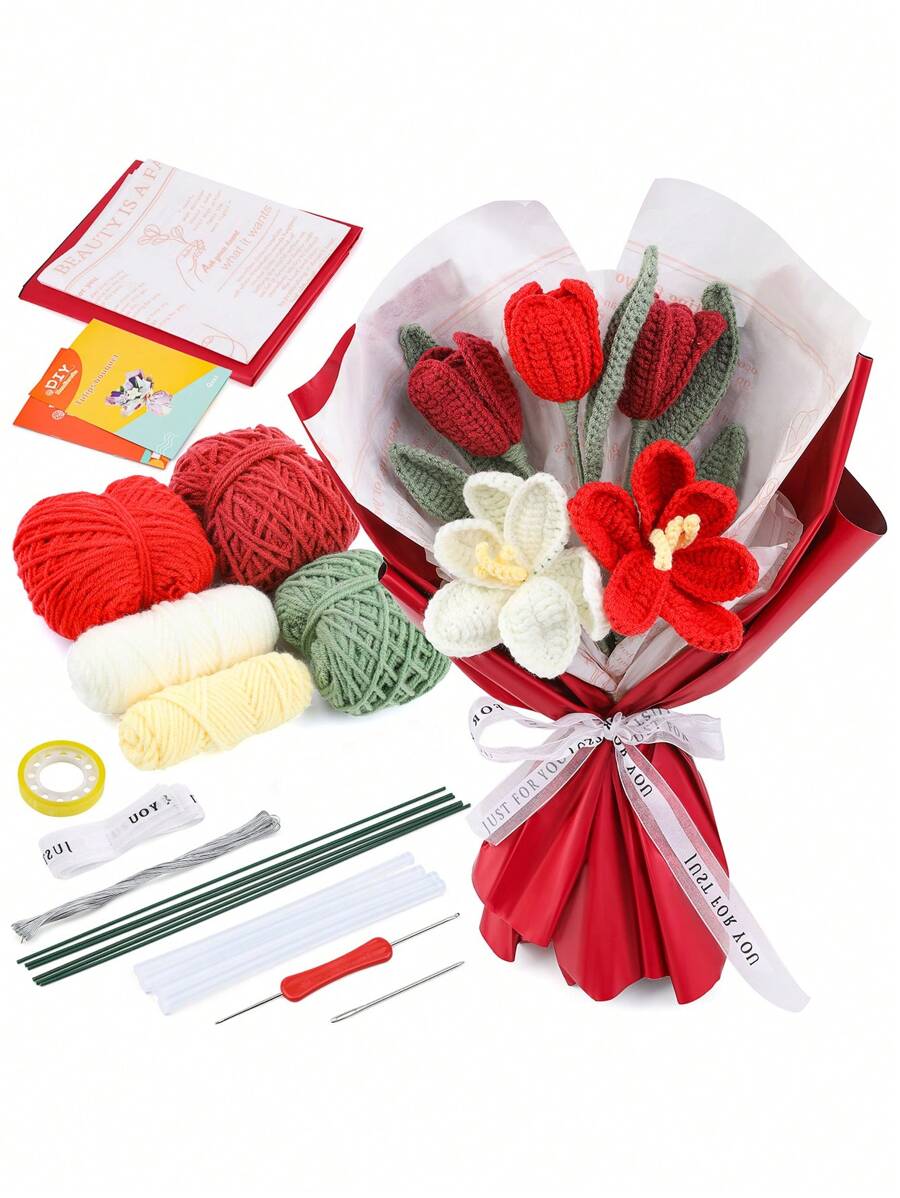 1set Red Tulip Crochet Kit, Diy Flower Crochet Set With Basic Accessories And Instruction Book - Red - View 1