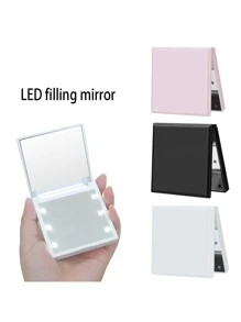 1Pc Portable Lighted Pocket Mirror With Double Sided Foldable Makeup Mirror, Battery Not Included (Need To Be Purchased Separately) For Home Tabletop Decoration, Bathroom, Dresser Vanity & Countertop Bedroom Travel Dormitory Mirror Women Gift