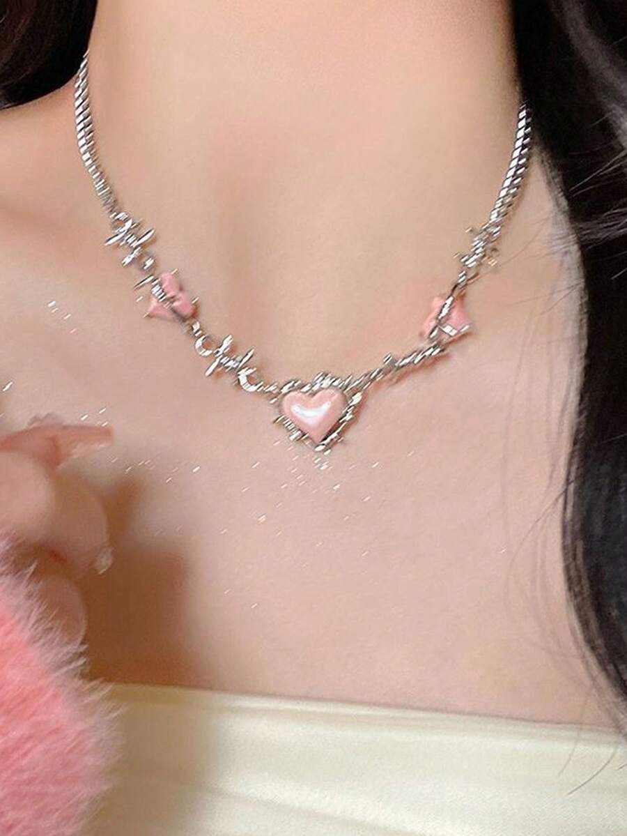 一颗蓬松心形项链 - 粉色，甜美酷炫风格，非传统设计，锁骨链，高档奢华配饰 - 彩色 - 查看 1