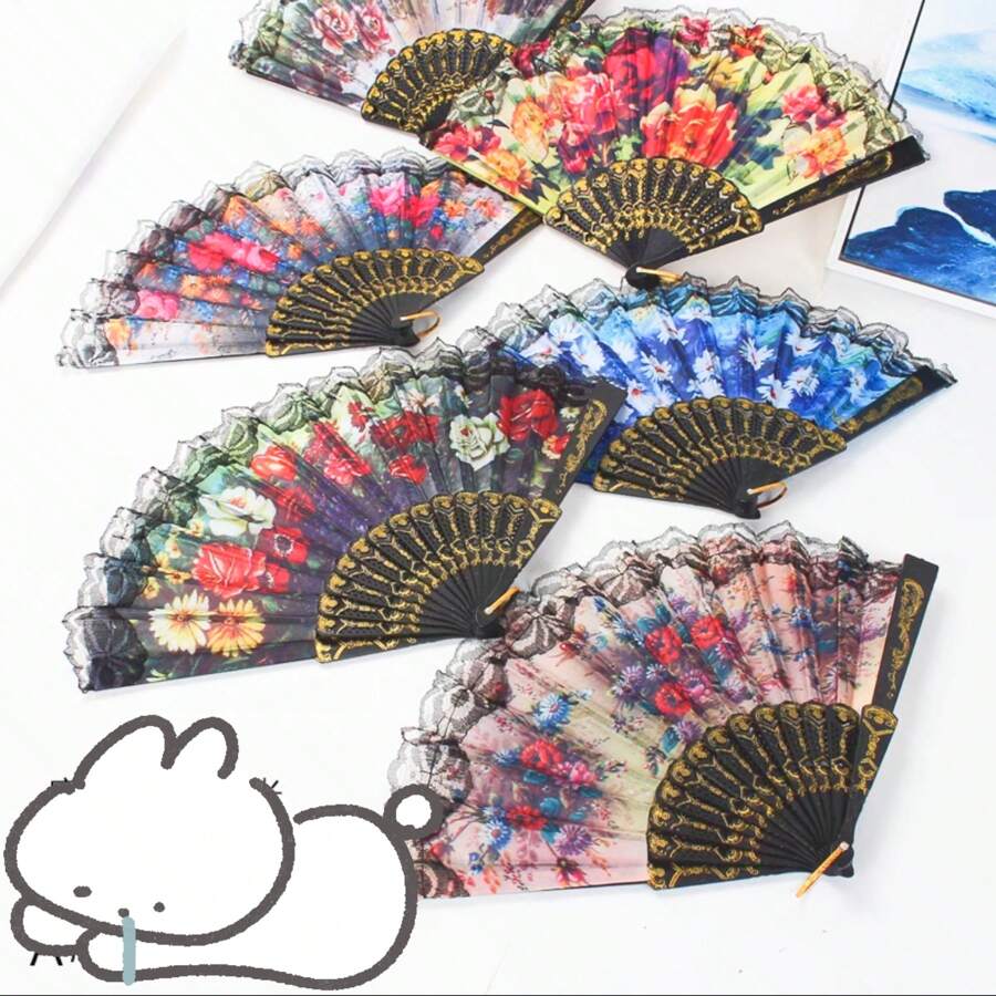KIT 2/3/4  Leques dobrável de renda artesanal verão - Multicolorido - Visão 1