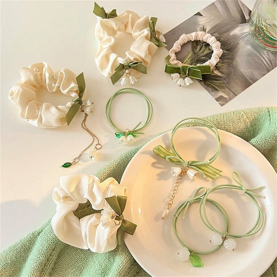 7入組春季百合花髮飾，女士和女孩彈性綁髮帶和髮圈 - 彩色 - 查看 1
