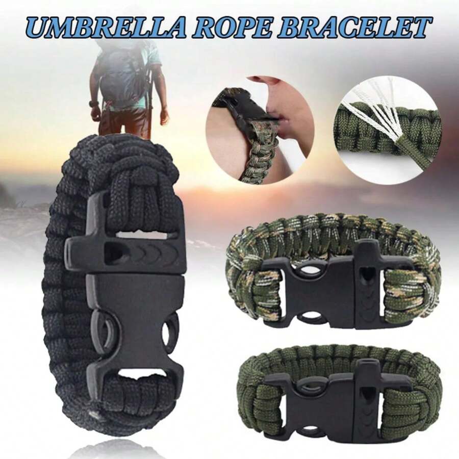 1 pieza anillo de mano de rescate de emergencia con silbato pulsera de supervivencia de Paracord cuerda de paracaídas al aire libre accesorios para escalador - Negro - Ver 1