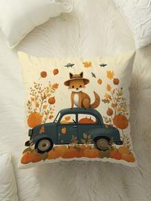 1pc Hand-Drawn Cartoon Animal Fox & Car Space Illustration Style Animal & Four Seasons Cushion Cover (Pillow Core Not Included) - Orange - View 4