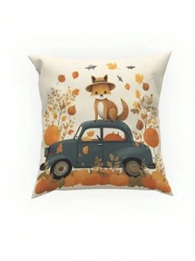 1pc Hand-Drawn Cartoon Animal Fox & Car Space Illustration Style Animal & Four Seasons Cushion Cover (Pillow Core Not Included) - Orange - View 5