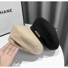 1 時尚標籤貼片貝雷帽 經典純色畫家帽 簡約輕便女款貝雷帽 秋冬 - 黑色 - 查看 3