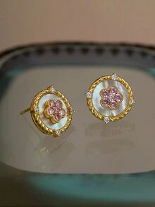 Stylever 1對精美的花卉耳釘女士珠寶,為女性設計的s925純銀印花耳環,精美珠寶禮物給女孩們的生日、prom派對裝飾,適用於日常生活 - 金色 - 查看 6