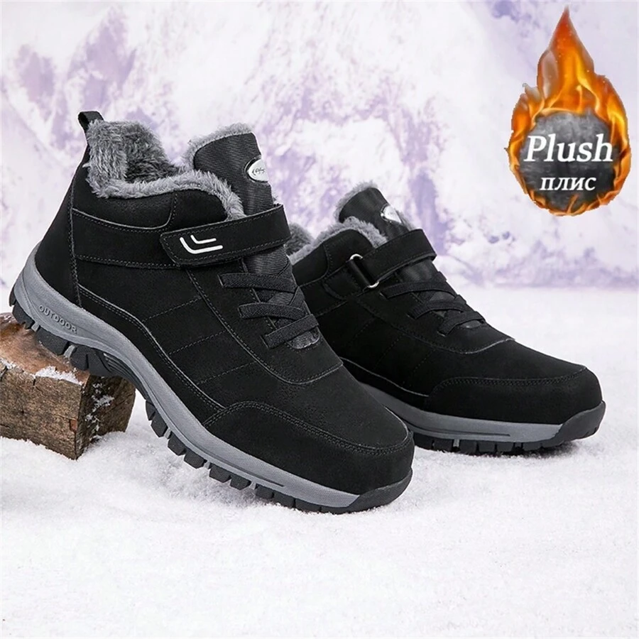男女1雙冬季防水豬皮雪靴，配有掛鉤式魔術貼，防滑，耐用且保暖，適合冬季戶外運動和休閒場合 - 黑色 - 查看 1