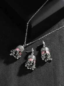 1set Fashionable Colorful Tassel Necklace And Earrings Set With Bell And Oil Drip Design, Suitable For Women's Daily Wear - Pink - View 12