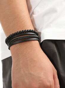 yijiangbeiting 復古男士手編天然黑曜石手鍊,珠狀虎眼石皮革手編多層疊戴手鍊 - 彩色 - 查看 1