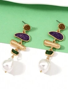 狂歡節顏色假珍珠吊墜時尚女士創意幾何風格耳環 - 金色 - 查看 2