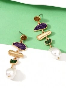 狂歡節顏色假珍珠吊墜時尚女士創意幾何風格耳環 - 金色 - 查看 1