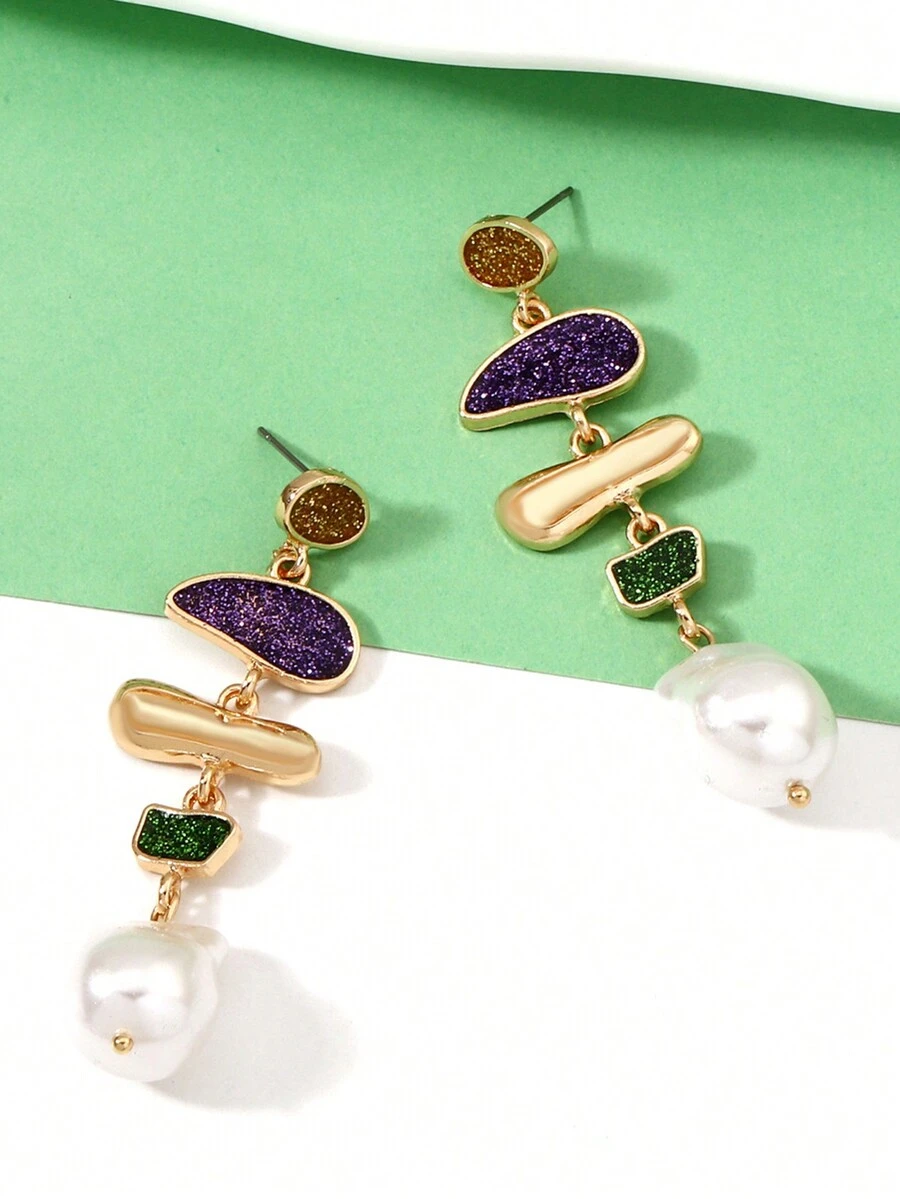狂歡節顏色假珍珠吊墜時尚女士創意幾何風格耳環 - 金色 - 查看 1