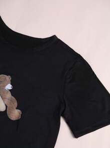 3pcs/Set Bear Pattern Top And Checker Shorts & Pants Home Outfit - Multicolor - View 4