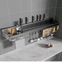 Estante organizador de especias de cocina montado en la pared, estante de especias para ahorrar espacio con barra de toalla y 6 ganchos - Gris Oscuro - Ver 5