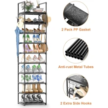 10 Tier Tall Shoe Rack Organizer For Closet Entryway, 20-24 Pair Shoe Boot Storage Rack, Narrow Metal Shoe Shelf Small Vertical Stackable Shoe Stand For Bedroom Corner With 2 Hooks PP Gaskets