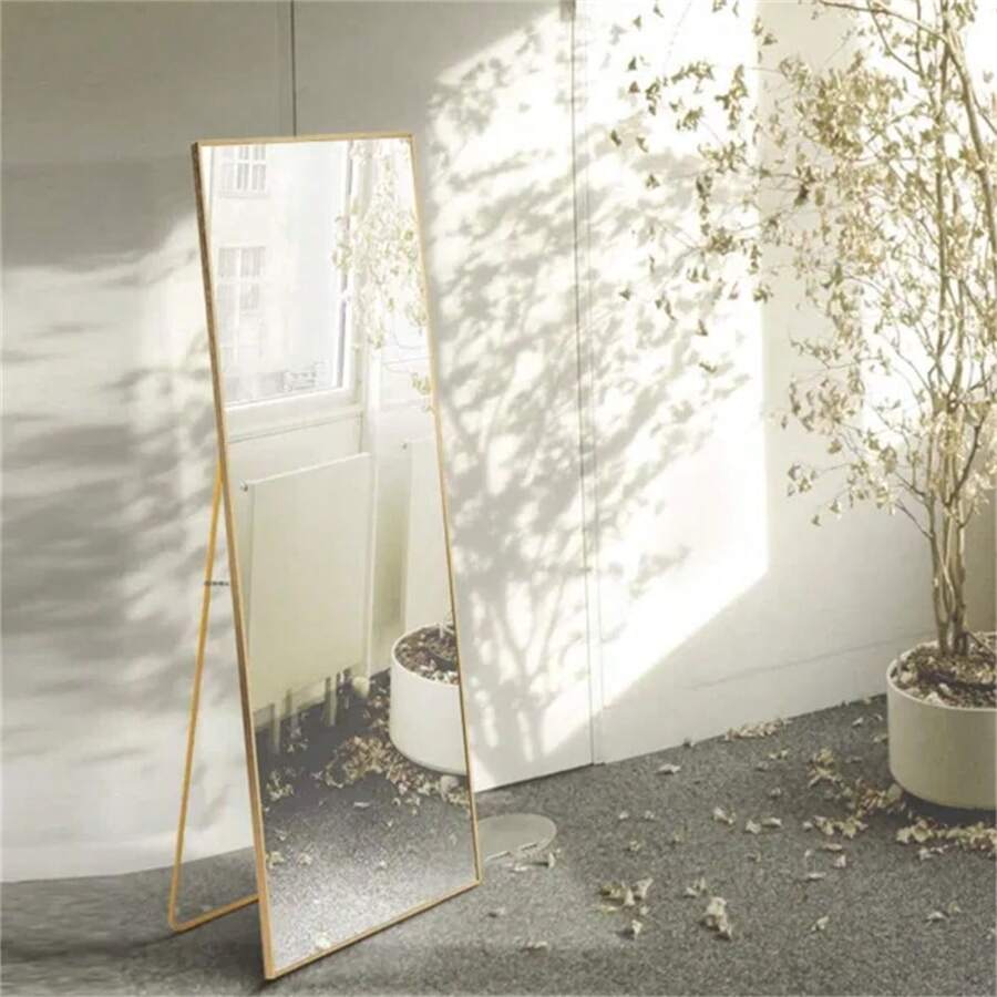 Full Length Mirror Floor Mirror Hanging Standing Or Leaning; Bedroom Mirror Wall-Mounted Mirror With Gold Aluminum Alloy Frame; 59" X 15.7" - Gold - View 1