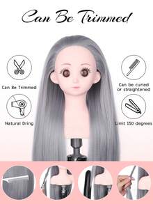 灰色 7.5 英寸超迷你高級人體模型娃娃頭,帶合成纖維 16 英寸直髮美容人體模型,用於髮型師練習編織造型訓練頭髮,帶安裝孔 - 灰色 - 查看 3