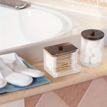 3 件套浴室清洁工具架 - 海绵、清洁棒、密封条、牙线收纳盒，带棕色木盖的透明容器 - 3pcs 透明 - 查看 3