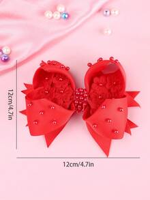 1入組女童時尚紅色蝴蝶結髮夾,珍珠細節,鱷魚夾 - 紅色 - 查看 4