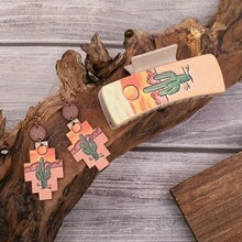 3件套PU皮革西部牛仔风格向日葵和仙人掌印花发夹/耳环/首饰套装女士 - 綠色 - 查看 6