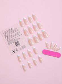 24PCS French Almond Press On Nails Medium Stiletto Fake Nails With Designs Glossy Cute Glue On Nails For Women Nail Supplies