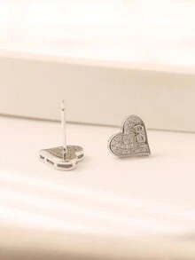 1對時尚簡約925純銀與人造鋯石心形耳針,適合女性的日常佩戴 - 銀色 - 查看 3
