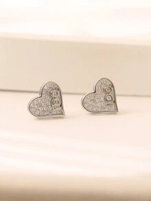 1對時尚簡約925純銀與人造鋯石心形耳針,適合女性的日常佩戴 - 銀色 - 查看 1