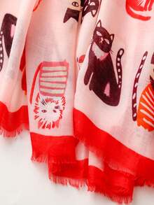 1條印有可愛貓公園圖案的女士圍巾,秋冬保暖針織頸部保暖圍巾,防曬沙灘披肩 - 紅色 - 查看 4