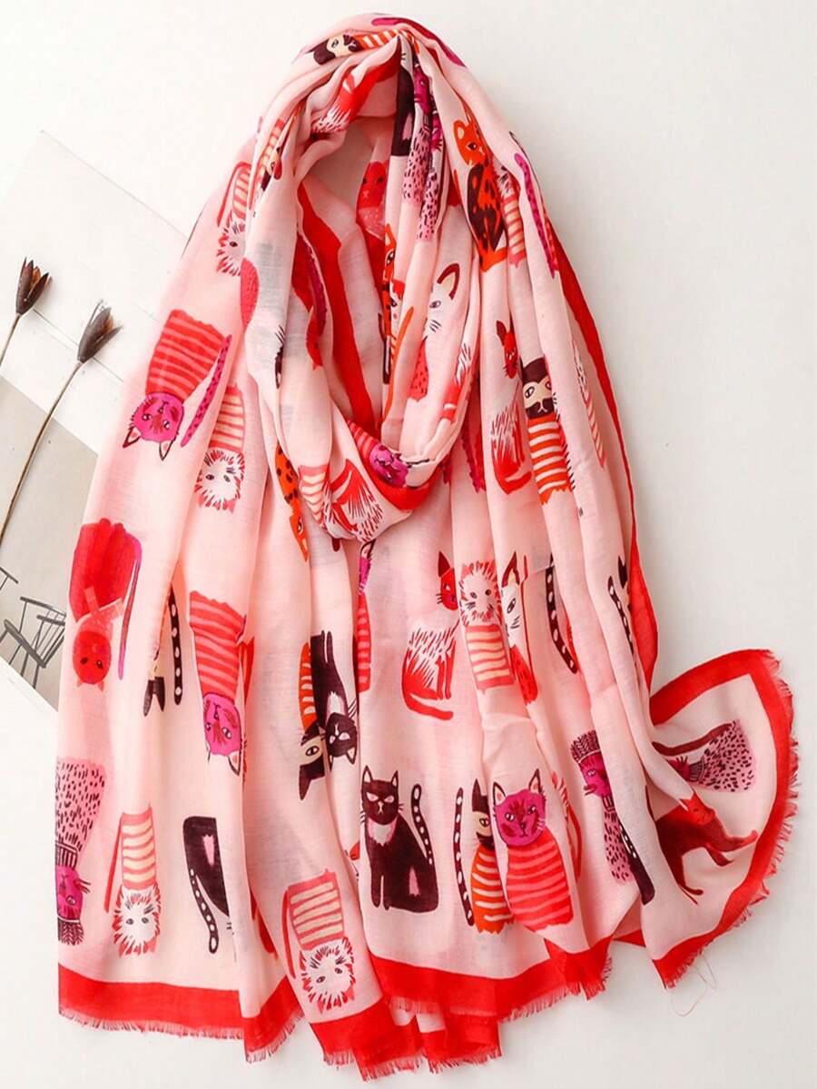 1條印有可愛貓公園圖案的女士圍巾,秋冬保暖針織頸部保暖圍巾,防曬沙灘披肩 - 紅色 - 查看 1
