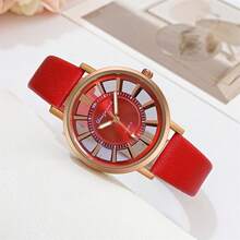 1只豪華玫瑰金空心女士皮革手表,女用石英手錶,適用於女士和女孩的禮物 - 紅色 - 查看 2