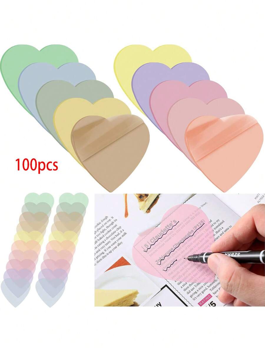 2sets 100 Sheets Semi-Transparent Heart Shaped Waterproof Pet Memo Sticky Notes, Writable Label Tags Back To School