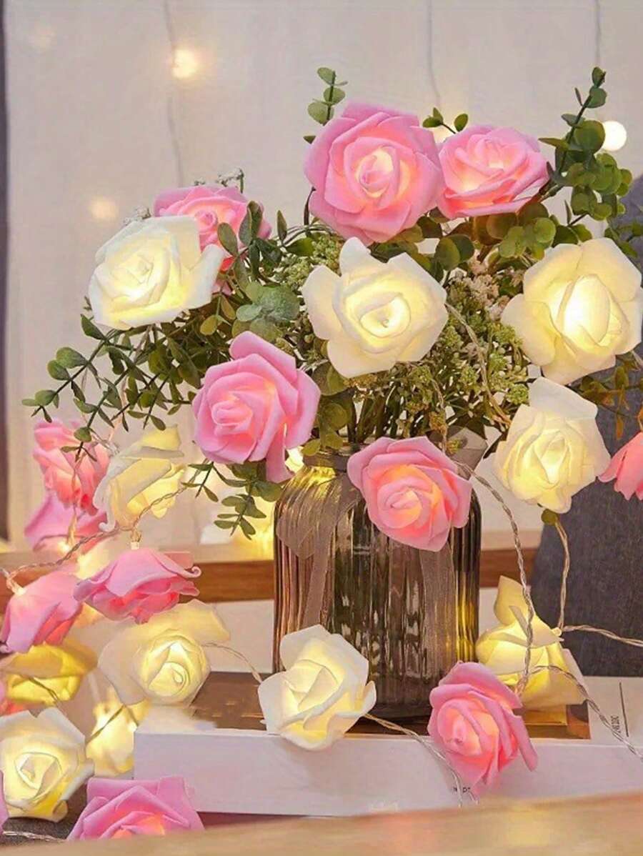 1set Led Rose Flower String Light, For Wedding And Birthday Party Decoration, Christmas And Valentine'S Day Decor Supplies - White+Pink - View 1