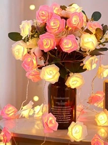1set Led Rose Flower String Light, For Wedding And Birthday Party Decoration, Christmas And Valentine'S Day Decor Supplies - White+Pink - View 2