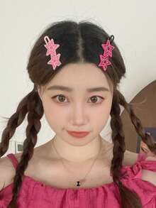 4入組女性粉色星形髮夾，鱷魚夾式髮夾，時尚甜美女孩款式側瀏海夾，復古側夾，適合日常使用 - 彩色 - 查看 1