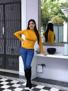 BASIC HIGH NECK THERMAL BLOUSE - 薑色 - 查看 2