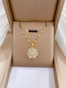 1 件新款复古向日葵形铜吊坠钛钢女士项链，高端设计毛衣链，轻奢小众时尚配饰情人节 - 彩色 - 查看 12