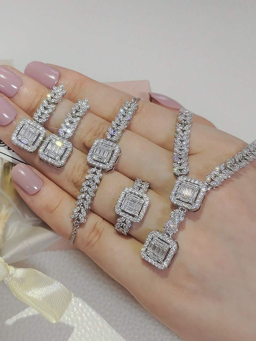 MOONSO 2023 年新品 4 件装独特设计镀银首饰套装女士周年纪念礼物 E029-R029-X029-S029 - 銀色 - 查看 1