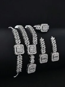 MOONSO 2023 年新品 4 件装独特设计镀银首饰套装女士周年纪念礼物 E029-R029-X029-S029 - 銀色 - 查看 6