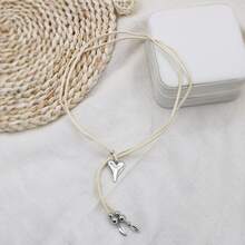 心形合金蜡绳吊坠复古艺术个性项链配饰，时尚百搭，欧美风皮革OT扣心形吊坠项链 - 款式一 - 查看 2