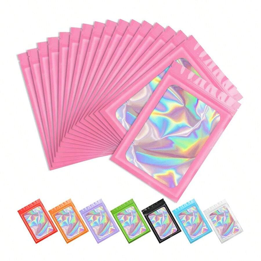 10入組全息激光彩色加厚聚酯塑料袋,用於珠寶零售存儲、禮品包裝拉鍊袋,具有防味特性 - 粉色 - 查看 1