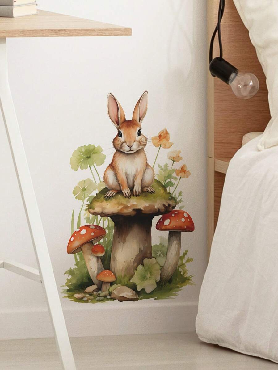 1pc Cartoon Rabbit, Mushroom & Flower Pattern Wall Sticker, Stickers, Wall Decal, Vinyl Decal For Home Decorations, Spring Decoration Items Refresh Your Home, Festival Decoration Stickers Gifts Birthday Graduation - Multicolor - View 1