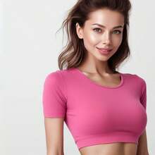 Crop Top Manga CORTA Slim Fit Cuello Redondo - Rosa Fucsia - Ver 2