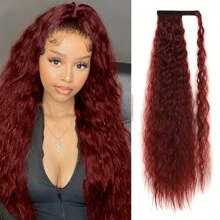 壓花光耀長玉米波浪馬尾延伸魔術粘合熱阻波浪合成包覆馬尾黑色女士假髮 - 酒紅色 - 查看 1