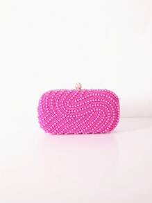 Rose Red Double-Sided Pearl Clutch Clip Buckle Fashion Evening Bag Women's Party Clothing - Hot Pink - View 3