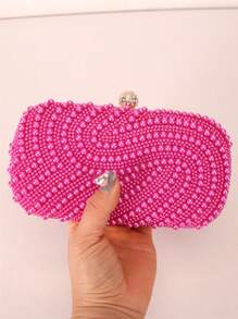 Rose Red Double-Sided Pearl Clutch Clip Buckle Fashion Evening Bag Women's Party Clothing - Hot Pink - View 4