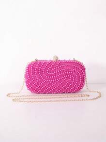 Rose Red Double-Sided Pearl Clutch Clip Buckle Fashion Evening Bag Women's Party Clothing - Hot Pink - View 1