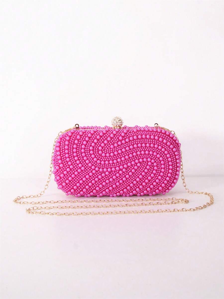 Rose Red Double-Sided Pearl Clutch Clip Buckle Fashion Evening Bag Women's Party Clothing - Hot Pink - View 1