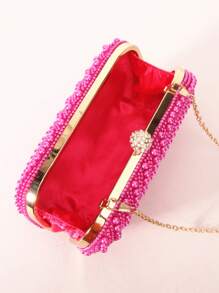 Rose Red Double-Sided Pearl Clutch Clip Buckle Fashion Evening Bag Women's Party Clothing - Hot Pink - View 5